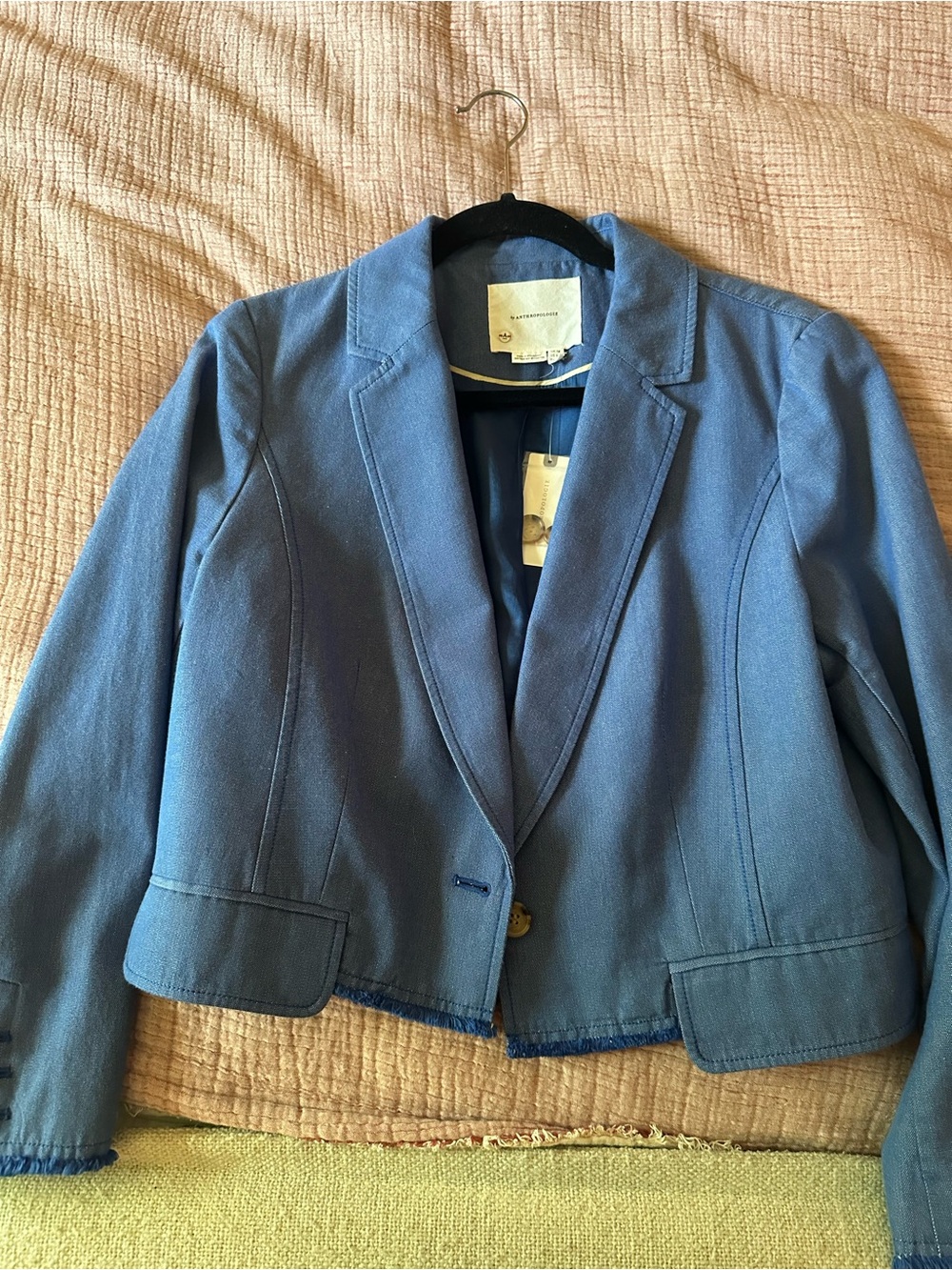 Anthropologie Denim-Blue Tailored Cropped Blazer